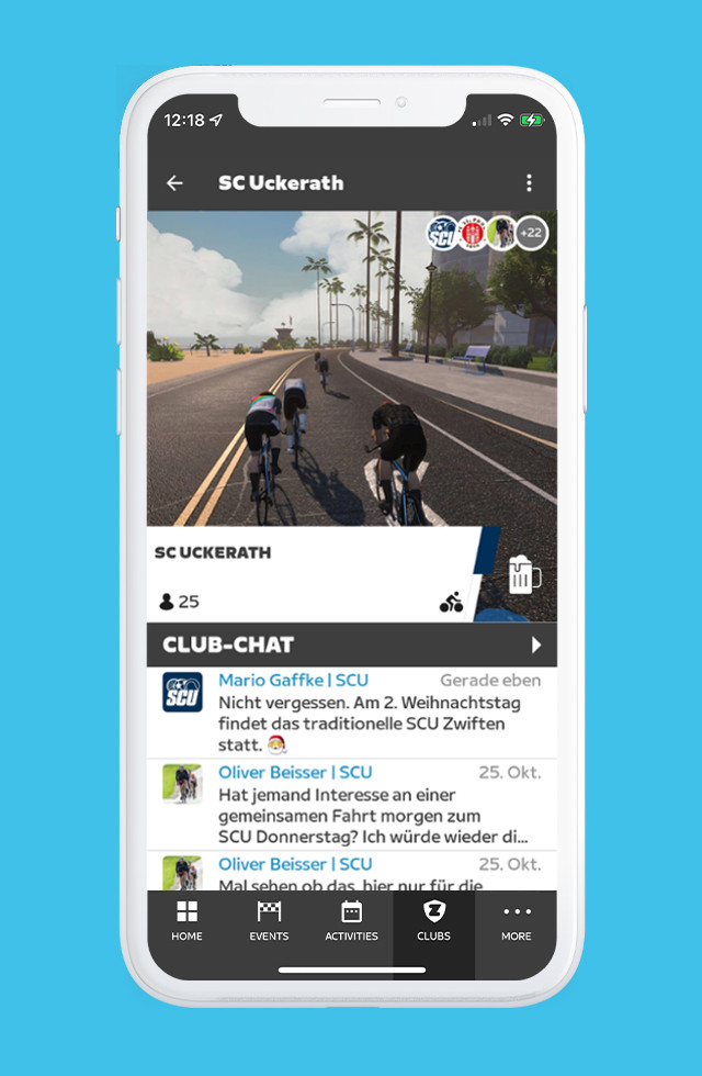 Handbildschirm mit Zwift Club-Chat abgebildet