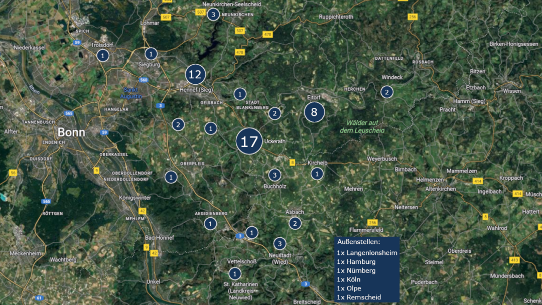 Landkarte mit einer Darstellung, wo die meisten SCU Rennrad Mitglieder her kommen